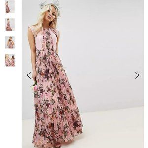 ASOS DESIGN Pleated Short Sleeved Maxi Dress In Pink Floral Print